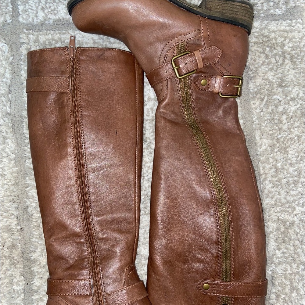 Brown leather calf-high women’s boots